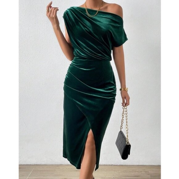 Luxe Velvet One Shoulder Ruched Party Evening Dress - Picture 1 of 6